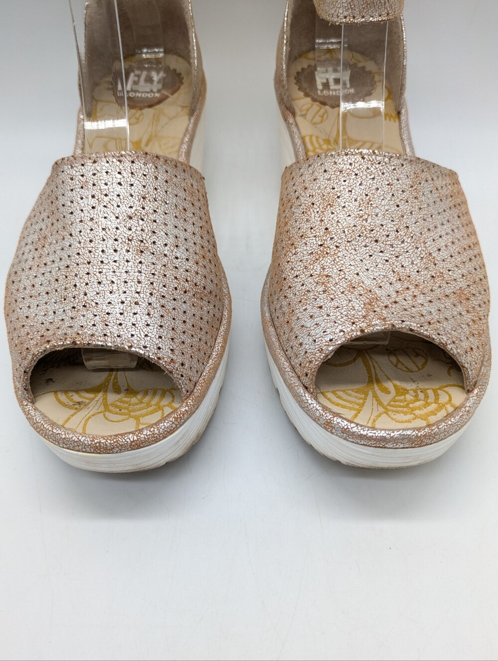 Fly London Yake Metallic Brown Silver Perforated Leather Wedge Heel Sandal 39 - Picture 3 of 10